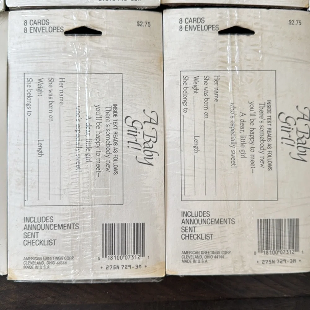 7 unopened packages of 1980s birth announcements and thank you notes.